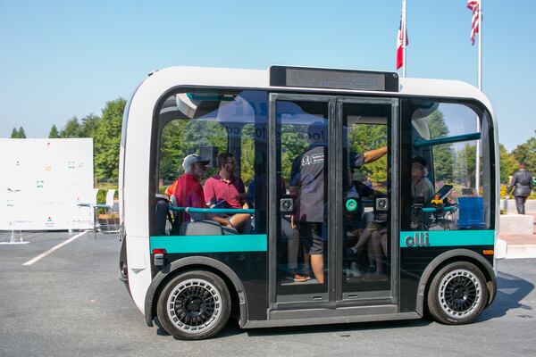 Peachtree Corners residents ride Olli, an autonomous driving shuttle, in Peachtree Corners, Georgia, on Tuesday, Oct. 1, 2019. Peachtree Corners announced the launch of free autonomous shuttles available to the public on Tuesday. The shuttles will run Monday through Friday from 10 a.m. to 6 p.m. on a 1.5 mile track in the Peachtree Corners Curiosity Lab. (Photo/Rebecca Wright for the Atlanta Journal-Constitution)