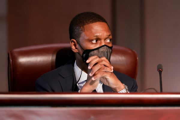 Council member Jason Winston during discussion as the Atlanta City Council held their first in person meeting since they were suspended at start of the pandemic In Atlanta on Monday, March 21, 2022.   (Bob Andres / robert.andres@ajc.com)