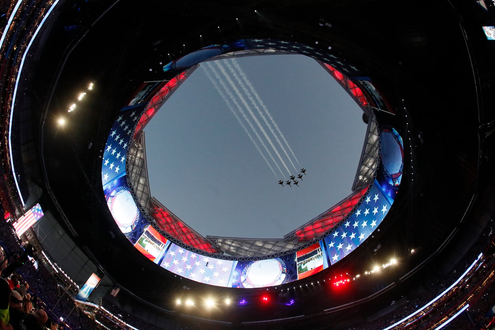 Military jets fly over Mercedes-Benz Stadium before Super Bowl LIII on  Feb. 3, 2019. (Bob Andres / bandres@ajc.)