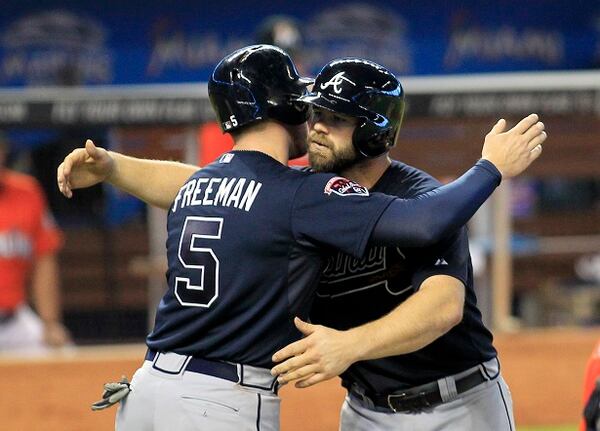 Atlanta Braves catcher Evan Gattis, right, celebrates with teammate Freddie Freeman after they scored on Gattis' game-winning two-run home run in the ninth inning of a baseball game against the Miami Marlins in Miami, Sunday, June 1, 2014. The Braves completed a three-game sweep of the Marlins with a 4-2 win. (AP Photo/Joe Skipper) "Yeah, baby! We're beasts in the East!" (Joe Skipper/AP)