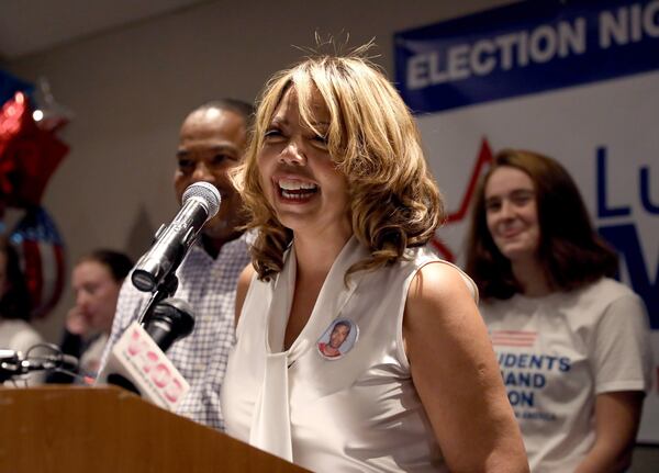 November 6, 2018 - Sandy Springs, Ga: Lucy McBath speaks to supporters during her watch party at the Westin Atlanta Perimeter North Tuesday, November 6, 2018, in Sandy Springs, Ga. McBath, a Democrat, is running for Georgia’s 6th congressional district. (JASON GETZ/SPECIAL TO THE AJC)