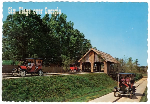 Six Flags Over Georgia had the Hanson Cars when it opened in 1967 (though in a different spot). Over a half century ago, these antique cars were the latest in transportation. Today, visitors to Six Flags Over Georgia can pilot these sporty, one-cylinder, 7-horsepower gasoline buggies at a racy 7 miles per hour. CONTRIBUTED BY GREAT SOUTHWEST CORP. POSTCARD