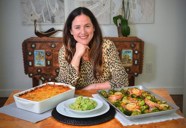 Chef and author Jennifer Zyman offers broccoli recipes to please the whole family, including (from left) Cheesy Chicken Broccoli and Rice Casserole, Broccoli Pasta Sauce and Broccoli, Salmon, Chickpea and Red Onion Sheet-pan Bake. STYLING BY JENNIFER ZYMAN / CONTRIBUTED BY CHRIS HUNT PHOTOGRAPHY