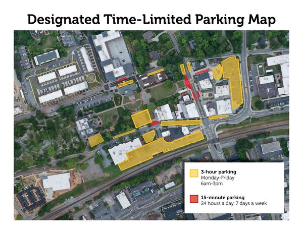 A map of the new time-limited parking restrictions in downtown Duluth. People will only be allowed to park in some lots for up to three hours or face a ticket. (Courtesy City of Duluth)