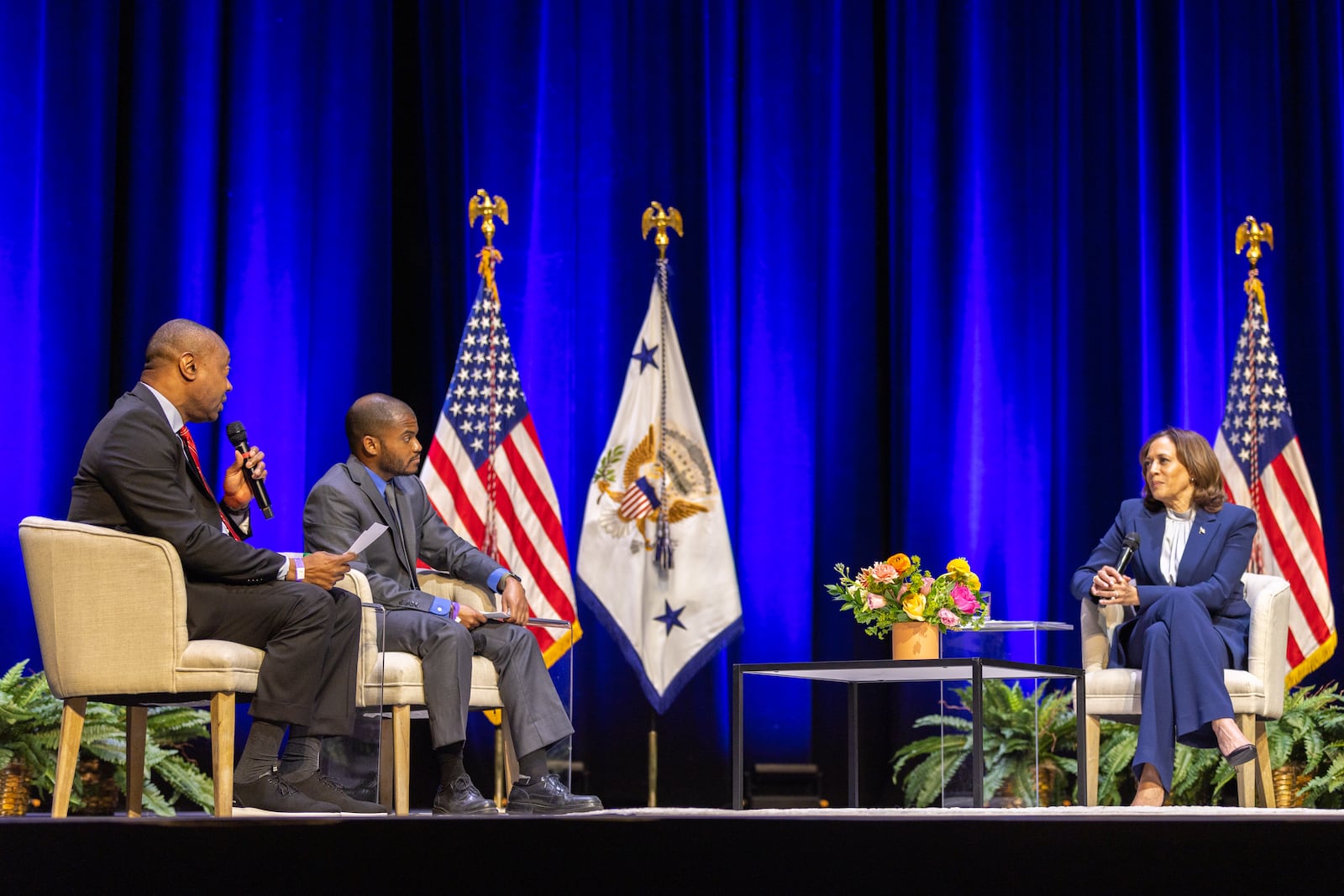 Vice President Kamala Harris speaks to UGA Professor Marshall Shepherd (left) and Georgia Tech Professor Isaiah Bolden (center) at the Georgia Tech campus in Atlanta on Wednesday, February 8, 2023, a day after President Joe Biden’s State of the Union Address. (Arvin Temkar / arvin.temkar@ajc.com)