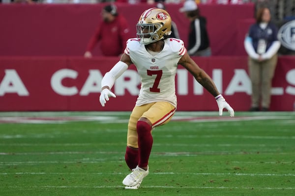 FILE - San Francisco 49ers cornerback Charvarius Ward (7) lines up against the Arizona Cardinals during the first half of an NFL football game, Jan. 5, 2025, in Glendale, Ariz. (AP Photo/Rick Scuteri, File)