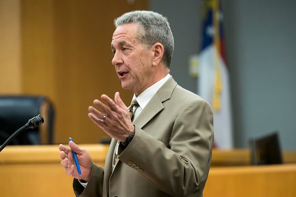 04/15/2019  -- Lawrenceville, Georgia -- Gwinnett District Attorney Danny Porter speaks with potential jurors during jury selection for the Tiffany Moss trial in front of Gwinnett County Superior Court Chief Judge George Hutchinson III at the Gwinnett County Courthouse in Lawrenceville, Monday, April 15, 2019.  (ALYSSA POINTER/ALYSSA.POINTER@AJC.COM)