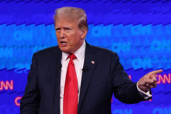 President Joe Biden and former President Donald Trump face off during their first presidential debate at CNN, Thursday, June 27, 2024, in Atlanta. (Jason Getz / AJC)
