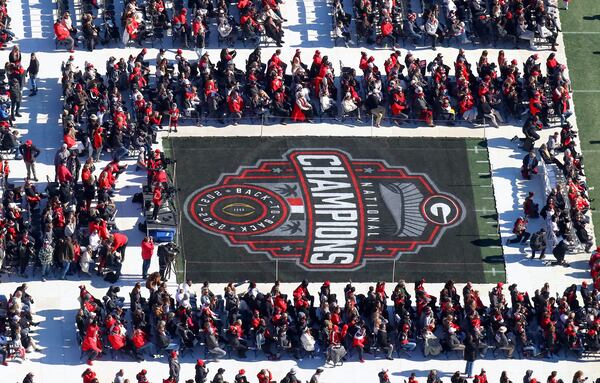 Fans are seated in the stadium for the celebration.  College Football National Champion Georgia Bulldogs celebrate with a parade downtown and and head to a ceremony in Sanford Stadium in Athens, GA, on Saturday, Jan. 14, 2023.  (Curtis Compton for the Atlanta Journal Constitution)