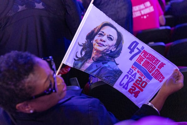 An attendee holds a flag in support of Vice President Kamala Harris at the Democratic National Convention in Chicago.