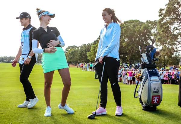 LPGA pro golfer Nelly Korda, left, chats with WNBA basketball Caitlin Clark, of the Indiana Fever, at the 10th tee during the pro-am at the LPGA Tour golf tournament, Wednesday, Nov 13, 2024, at the Pelican Golf Club in Belleair, Fla. (Douglas R. Clifford/Tampa Bay Times via AP)