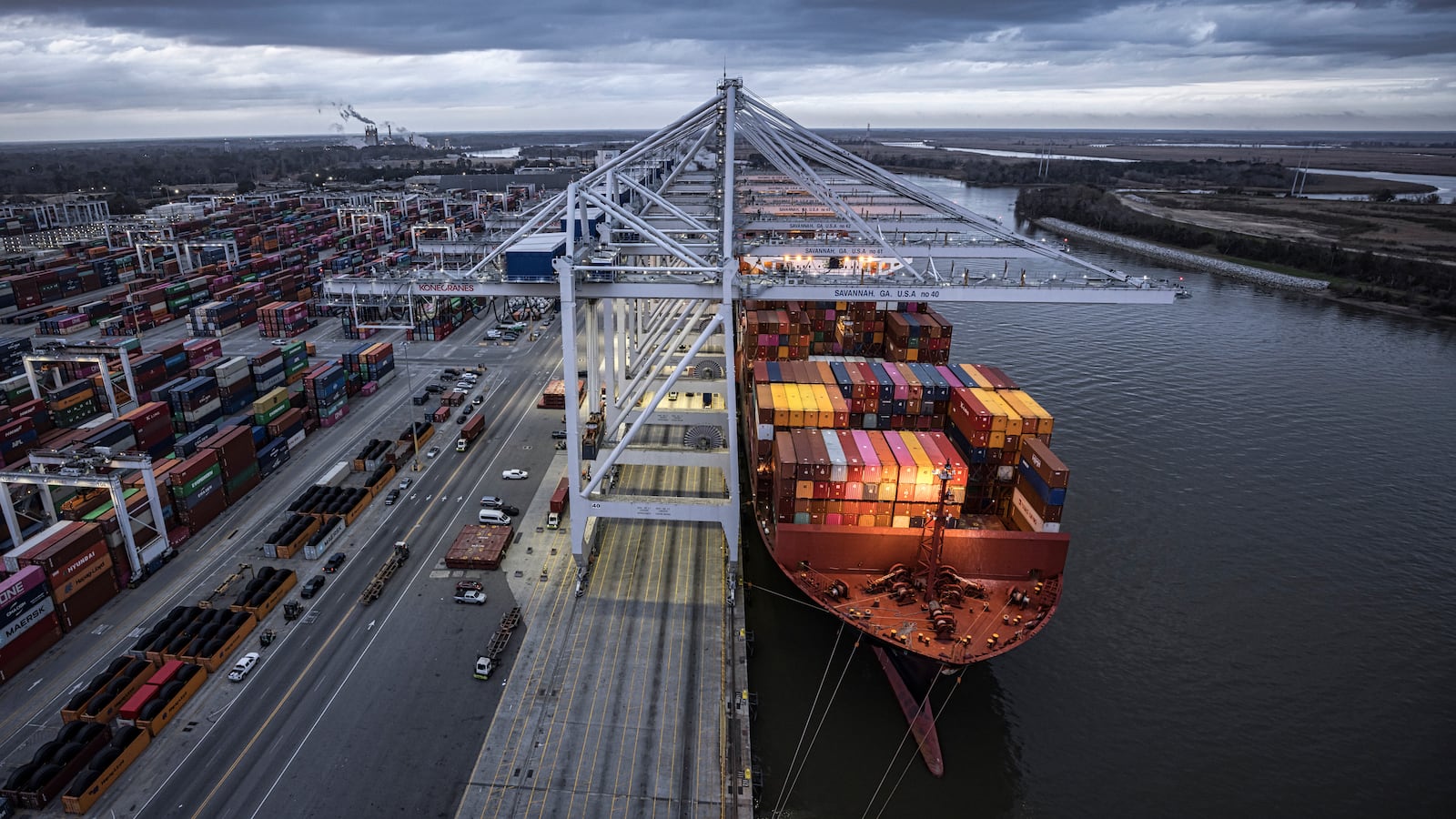 Cargo ships must travel up a 40-mile-long shipping channel to reach the Port of Savannah, passing through the calving grounds of the endangered North Atlantic right whale. (Stephen B. Morton/Georgia Port Authority via AP)