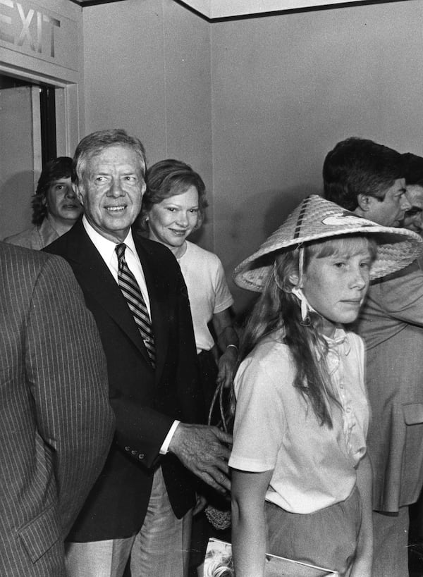 Chip, Jimmy, Rosalynn and Amy Carter arrive at then-Hartsfield Airport after a 16-day tour of China and Japan. (AJC 1981)