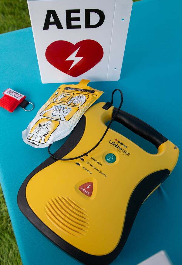 Photo of a defibrillator at the Student Docs for Shocks booth during the Suwanee Fest in Suwanee. For Inspire Atlanta story about how four medical students have formed a nonprofit to try to reduce the incidents of cardiac death outside hospitals, in part, by raising money and putting defibrillators into the community. PHIL SKINNER FOR THE ATLANTA JOURNAL-CONSTITUTION.