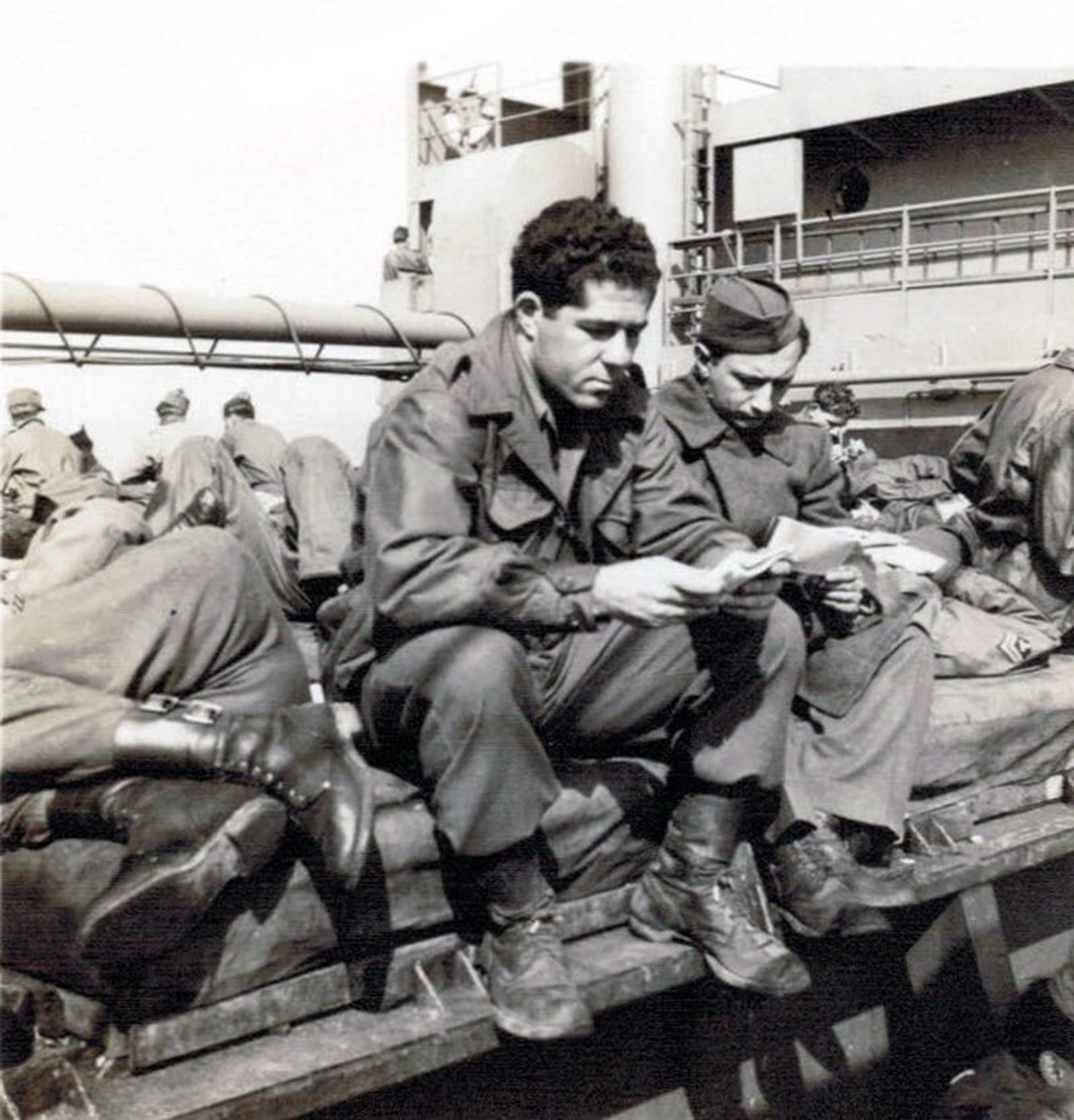 Hilbert Margol (center) on transport ship after the war. Photo from Hilbert Margol.