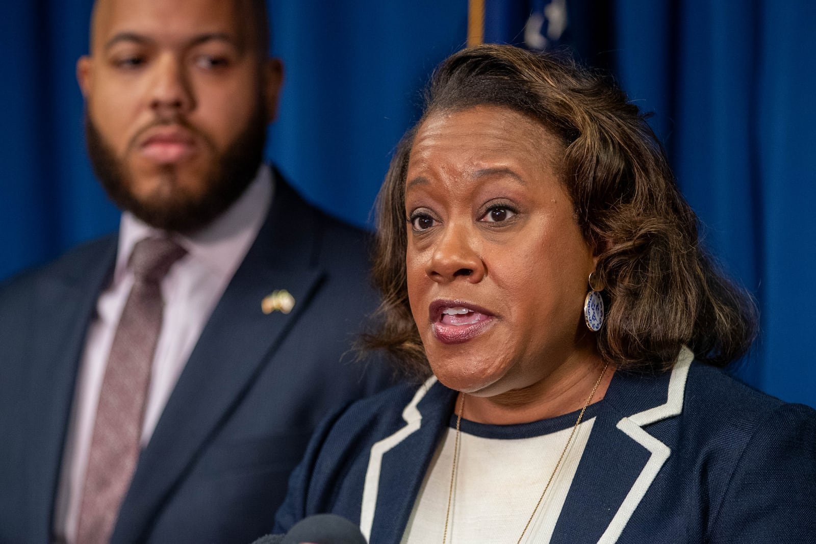 Stone Mountain Judicial Circuit District Attorney Sherry Boston joins other DAs in the area to file a lawsuit against the state of Georgia and commissioners in regards to Senate Bill 92 in Decatur on Wednesday, August 2, 2023. (Katelyn Myrick/katelyn.myrick@ajc.com)