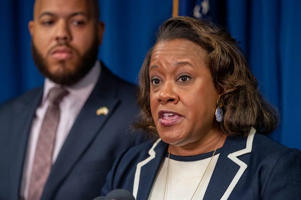 Stone Mountain Judicial Circuit District Attorney Sherry Boston joins other DAs in the area to file a lawsuit against the state of Georgia and commissioners in regards to Senate Bill 92 in Decatur on Wednesday, August 2, 2023. (Katelyn Myrick/katelyn.myrick@ajc.com)