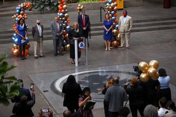 Fulton County District 6 Commissioner Khadijah Abdur-Rahman speaks at a ribbon cutting celebrating the new assembly hall and renovations at the Fulton County government building in Atlanta, Georgia, on Wednesday, May 5, 2021. (Rebecca Wright for the Atlanta Journal-Constitution)