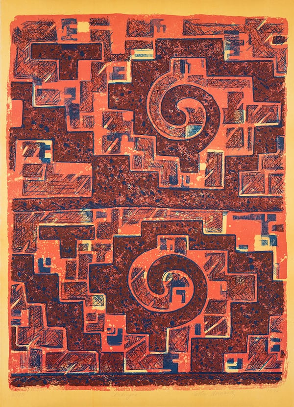 Ester Hernandez's "Indigena" (1996) features a monochromatic red motif with irregular geometric forms enhanced by splashes and outlines of cobalt blue. (Courtesy)