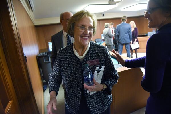 Rep. Sharon Cooper, chairman of the House Health and Human Services Committee, leaves after a news conference on proposed reform legislation for the state’s senior care industry. Gov. Brian Kemp later said he would work with the General Assembly to pass legislation to address problems at assisted living communities and personal care homes. (Hyosub Shin / Hyosub.Shin@ajc.com)