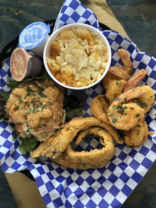 The fried seafood basket at Trederick’s comes with shrimp, two pieces of fish and a pan-seared crabcake, all good. The side of mac and cheese was a knockout. CONTRIBUTED BY WENDELL BROCK