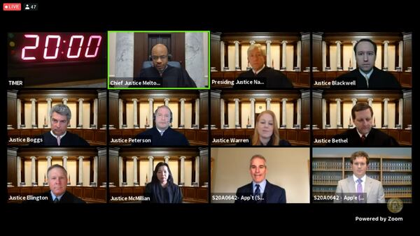 Top row from left: Chief Justice Harold Melton and Justices David Nahmias and Keith Blackwell. Middle row, from left: Justices Michael Boggs, Nels Peterson, Sarah Warren and Charles Bethel. Bottom row, from left: Justices John Ellington and Carla Wong McMillian, Atlanta lawyer Brian Steel and Gwinnett County Assistant District Attorney Samuel d’Entremont. (Chris Joyner/cjoyner@ajc.com)