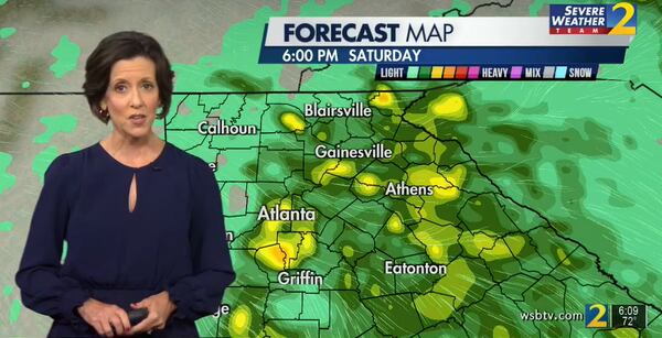 Channel 2 Action News meteorologist Jennifer Lopez is expecting a good coverage of showers and storms Saturday. Rain could add up to 2 or more inches in Atlanta by the end of the weekend, she said.