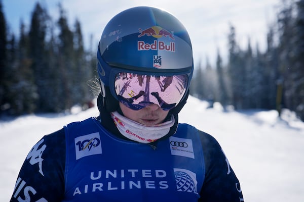 Lindsey Vonn prepares to be a forerunner at a women's World Cup downhill training run, Wednesday, Dec. 11, 2024, in Beaver Creek, Colo. (AP Photo/John Locher)