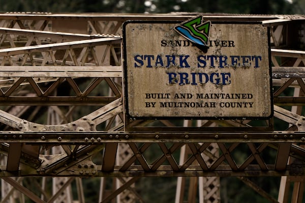 A sign is seen for the Stark Street Bridge as construction continues on the bridge on Thursday, Feb. 6, 2025, in Troutdale, Ore. (AP Photo/Jenny Kane)