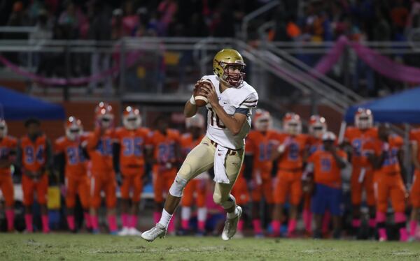 Brookwood quarterback Angelo DiSpigna (10) attempts a pass in the first half of their game against Parkview at Parkview High School Friday, October 20, 2017, in Lilburn, Ga.. PHOTO / JASON GETZ