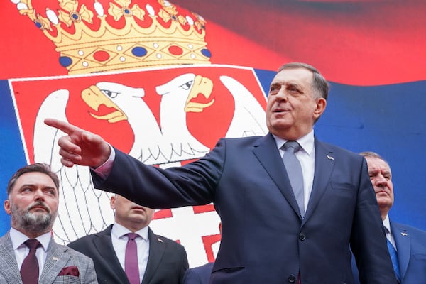 Bosnian Serb President Milorad Dodik speaks after a court sentenced him to one year in prison and banned him from engaging in politics for six years over his separatist actions, during a rally in the Bosnian town of Banja Luka, 240 kms northwest of Sarajevo, Wednesday, Feb. 26, 2025. (AP Photo/Radivoje Pavicic)