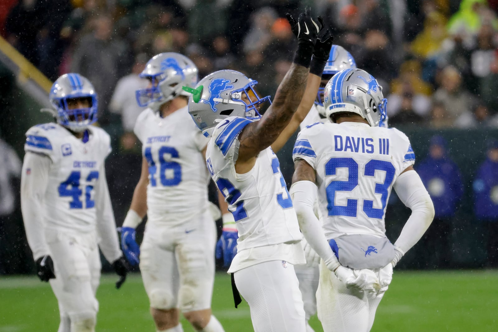 Detroit Lions safety Brian Branch (32) reacts after being disqualified from the game during the first half of an NFL football game against the Green Bay Packers, Sunday, Nov. 3, 2024, in Green Bay, Wis. (AP Photo/Mike Roemer)