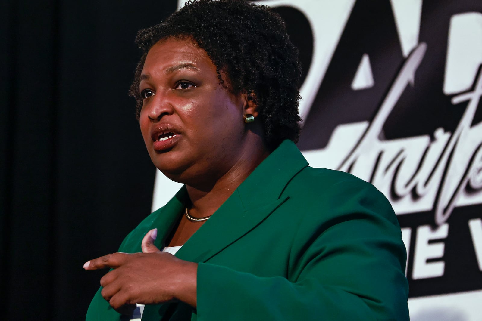 Stacey Abrams speaks at the Black Radio Town Hall at Clark Atlanta University on Oct. 4, 2022. (Natrice Miller / AJC)  