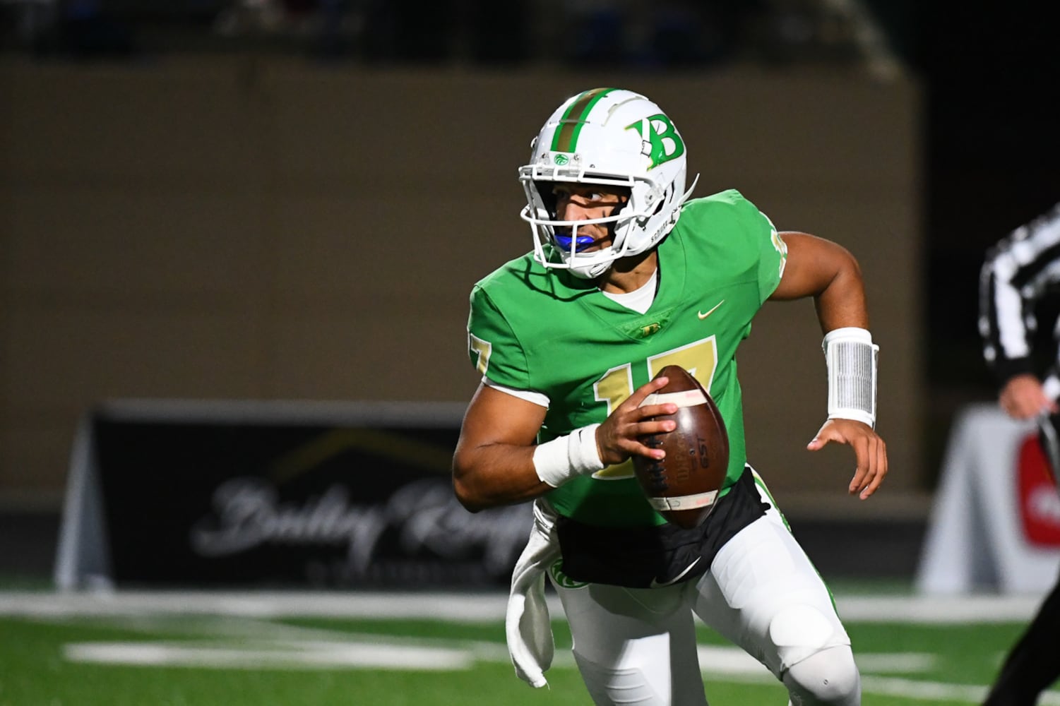 Buford quarterback Dylan Wittke looks for an open man. (Jamie Spaar for the Atlanta Journal Constitution)