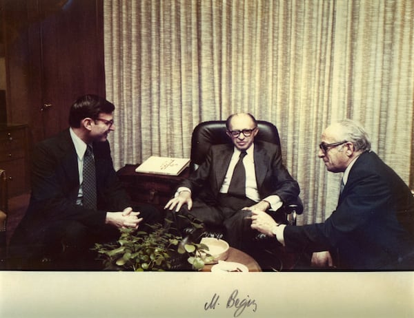 President Jimmy Carter's Chief Domestic Policy Adviser Stuart Eizenstat (left) and Menachem Begin (center).
Courtesy of Stuart Eizenstat