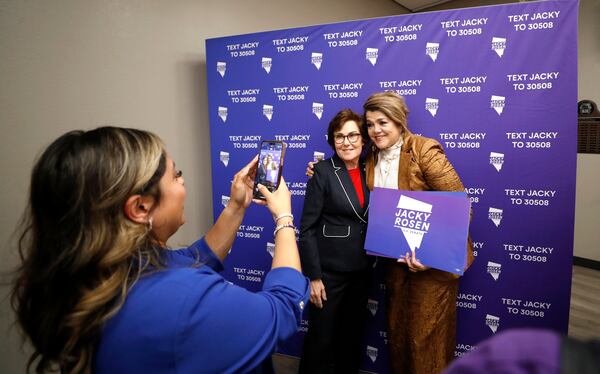 Sen. Jacky Rosen, D-Nev., poses with supporter Maritza Rodriguez after giving a victory speech at the Teamsters Local 631 meeting hall Saturday, Nov. 9, 2024, in Las Vegas. (Steve Marcus/Las Vegas Sun via AP)