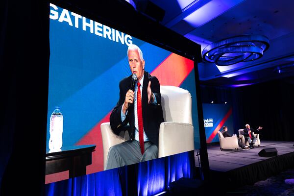 Former Vice President Mike Pence was one of the Republican candidates for the White House who spoke at the Gathering on Friday about how he differed from former President Donald Trump. “I’ve debated Trump a thousand times,” he said to laughs. “Just not with the cameras on.” (Arvin Temkar / arvin.temkar@ajc.com)