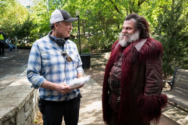 Director Bobby Farrelly (left) and Jack Black on the set of "Dear Santa" in metro Atlanta in 2023. The film came out on Paramount+ November 25, 2024. (Courtesy of Paramount)T