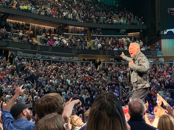 Bruce Springsteen singing "Tenth Avenue Freeze-Out" near the end of his State Farm Arena concert Feb. 3, 2023. RODNEY HO/rho@ajc.com