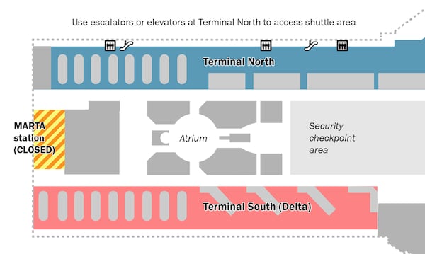 During the weeks of April 8-May 19, 2024, MARTA will run a bus bridge between Atlanta Hartsfield-Jackson International Airport and the College Park station while the airport station is under construction. Riders taking MARTA should pick up the shuttle outside the lower level of Terminal North at doors LN1 and LN2.