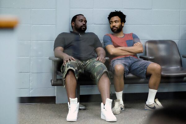 Donald Glover (right), in a scene from the FX series "Atlanta" with Brian Tyree Henry (left), has been nominated for 13 career Emmys, counting the two that were announced Wednesday. Photo by Guy D'Alema/FX
