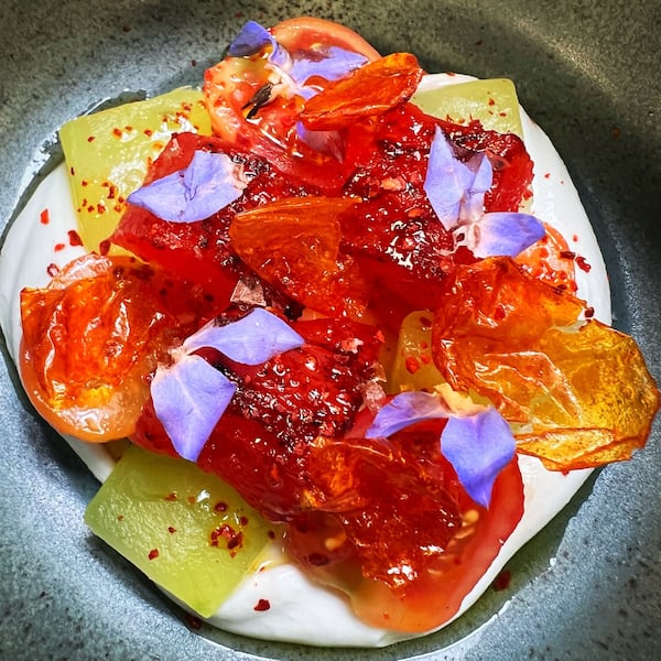 A watermelon and tomato salad makes a summery starter at Nàdair. (Courtesy of Kevin Gillespie)