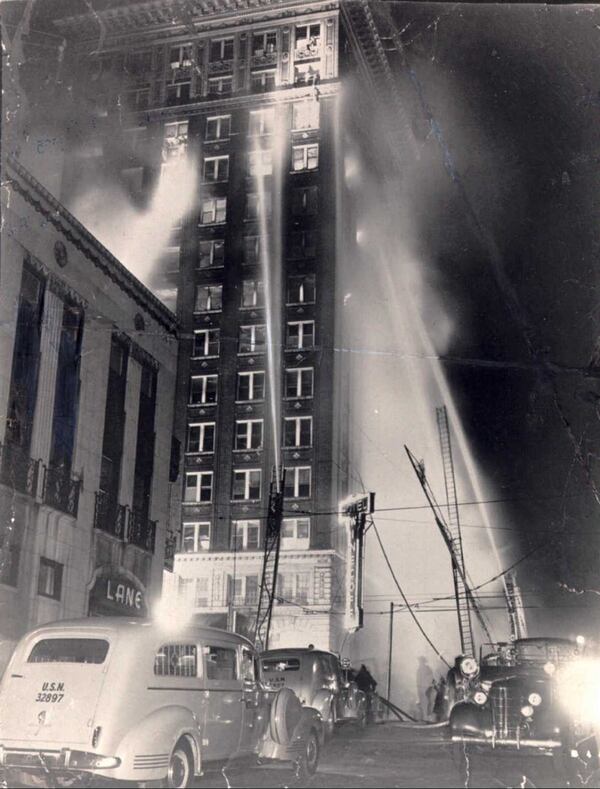 Photo from the Winecoff hotel fire in Atlanta, Ga. December 7, 1946. This photo shows the fire in progress, the fire eventually killed 119 people. The building is located at Ellis and Peachtree streets in downtown Atlanta. (AJC file)