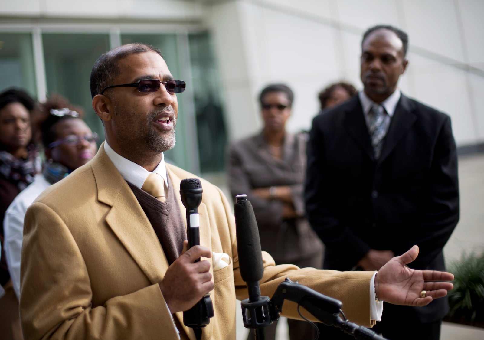 FILE - Sapelo Island, Ga., descendant and land owner Reginald Hall speaks at a news conference outside federal court, Dec. 9, 2015, in Atlanta. (AP Photo/David Goldman, File)