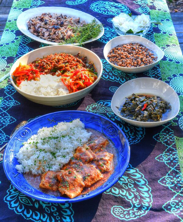 From top on left: Erin French’s Slow-Roasted Pork Picnic Shoulder with Cinnamon & Rosemary, Raul Dominguez’s Ropa Vieja, and Toni Tipton-Martin’s Catfish Étouffée. (Styling by Wendell Brock / Chris Hunt for the AJC)