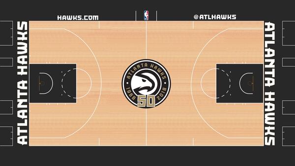 The Hawks unveiled a secondary court featuring gold and black colors that will be used for several games as part of the team’s 50th anniversary celebration.