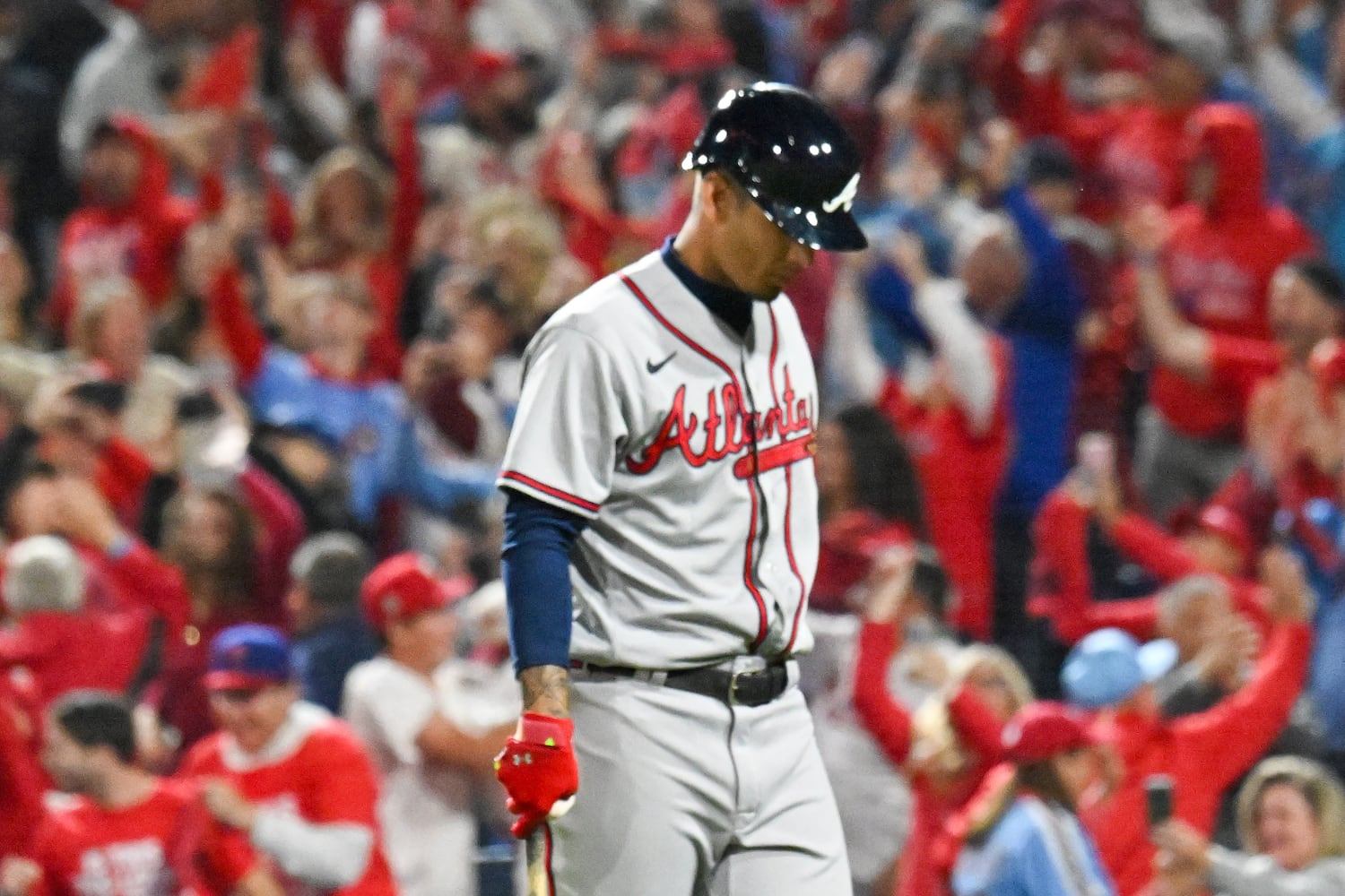 Atlanta Braves shortstop Vaughn Grissom walks away after striking out in the ninth inning to seal a 3-1 Philadelphia Phillies NLDS Game 4 win at Citizens Bank Park in Philadelphia on Thursday, Oct. 12, 2023.   (Hyosub Shin / Hyosub.Shin@ajc.com)