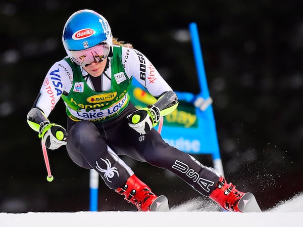 FILE - Mikaela Shiffrin, of the United States, skis down the course during the women's World Cup super G ski race in Lake Louise, Alberta, Sunday, Dec. 2, 2018. (Frank Gunn/The Canadian Press via AP, File)