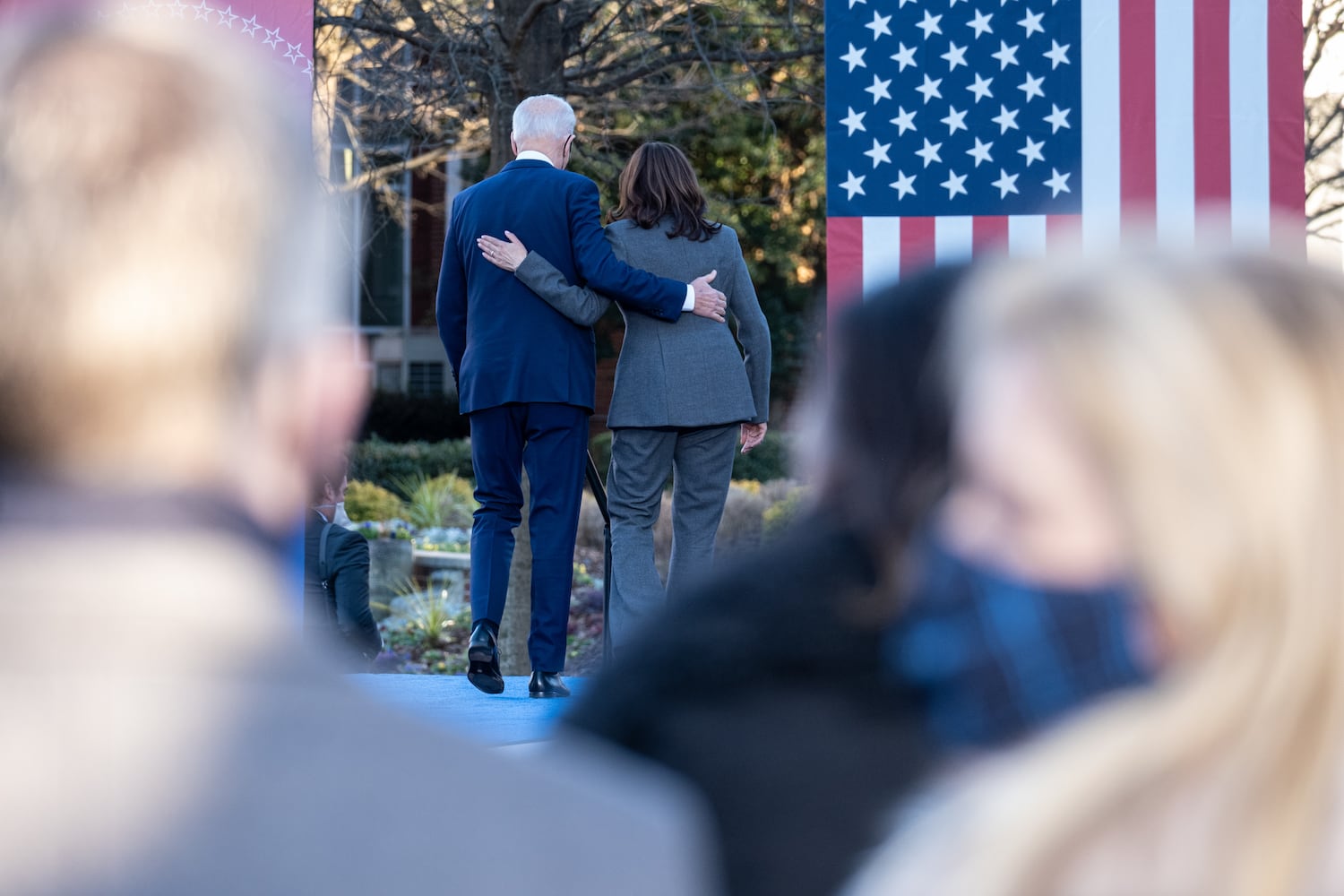 President Joe Biden and Vice President Kamala Harris leave the stage after speaking about voting rights during at Clark Atlanta University on Tuesday, Jan. 11, 2022.  (Ben Gray for the Atlanta Journal-Constitution)