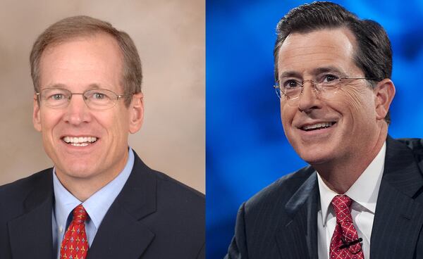 Jack Kingston (R-Georgia) and Stephen Colbert yukked it up on "The Colbert Report" episode Tuesday night. CREDITS: publicity photo/Comedy Central